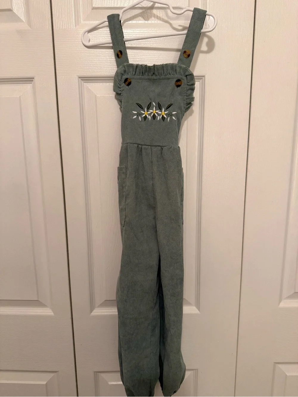 SHEIN Sage Green Corduroy Embroidered Kids Overalls